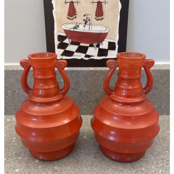 Pair Of Vintage Glass Jugs Urn Style Ribbed Globular Vases  Red 6” Tall - Picture 1 of 13